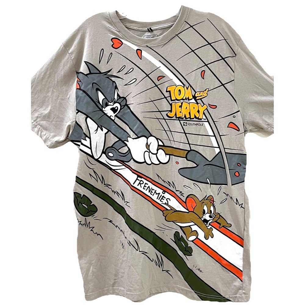 Tom & Jerry Southpole Men's T-Shirt L Beige Frenemies Graphic Tee‎ Short Sleeve